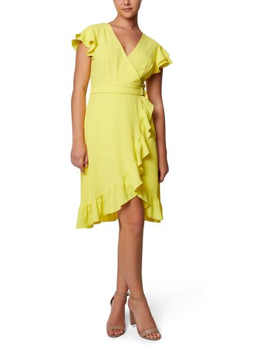 Laundry by Shelli Segal Womens Short Sleeve Asymmetrical Knee Length Wrap Dress - Yellow