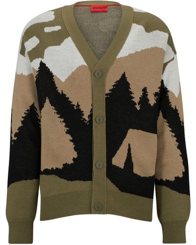 HUGO S Sfest Oversized-fit Cardigan With Camping-inspired Artwork Green