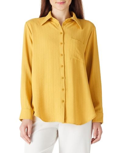FIND Casual Oversized Button Down V Neck Blouses Shirts - Yellow