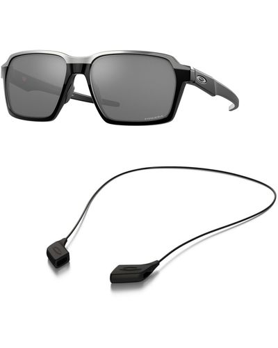 Oakley Oo4143 Sunglasses Bundle: Oo 4143 414302 Parlay Polished Black Prizm Bl And Medium Black Leash Accessory Kit - Grey