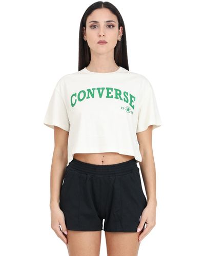 Converse T-Shirt Crop da Donna Nera con Maxi Stampa Logo XS - Bianco