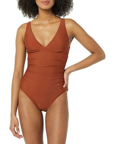 Amazon Essentials Costume da Bagno Contenitivo con Scollo Profondo Donna - Marrone