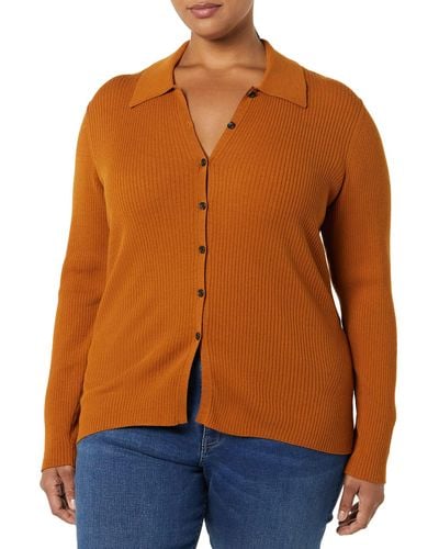 Amazon Essentials Cardigan Stile Polo Elasticizzato a Costine con Spessore Sottile Donna - Arancione