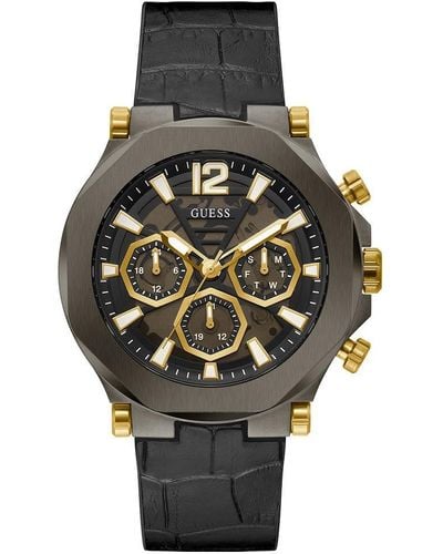 Guess Quartz-Multifunktion Armbanduhr mit schwarz analog Zifferblatt und schwarz Lederarmband Armband GW0492G1 - Mettallic