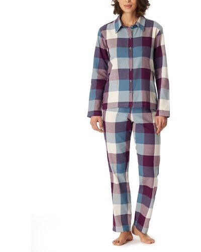 Schiesser Schlafanzug lang Flanell 100% Baumwolle durchgeknöpft-Winter Pyjamaset - Blau
