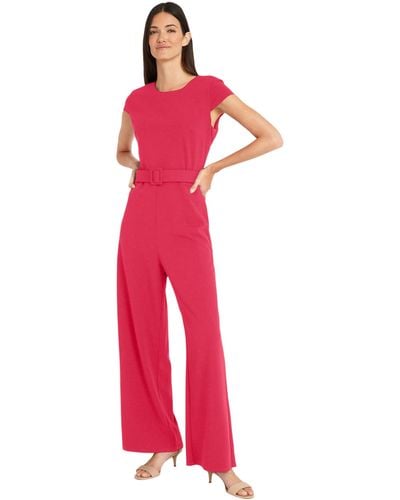 Maggy London Belted Wide Pant Leg Jumpsuit Workwear Office Occasion Event Guest Of - Red