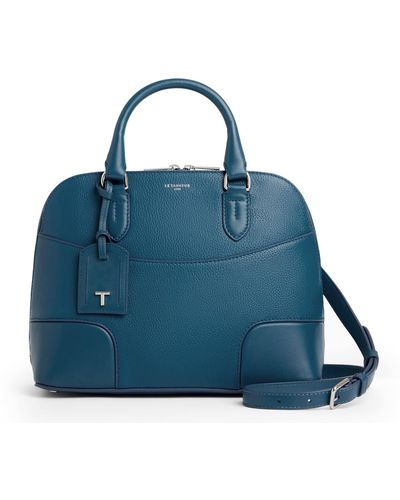 Le Tanneur , sac à main moyen modèle, en cuir grainé et cuir lisse, romy, femme, poche plate avant aimantée, fermeture zippée, poche plate - Bleu