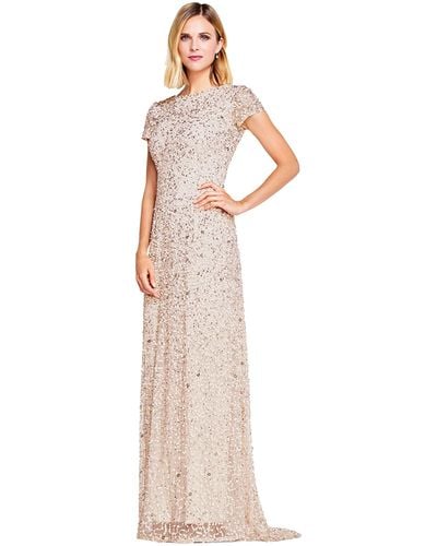 Adrianna Papell Short Sleeve All Over Sequin Gown - White