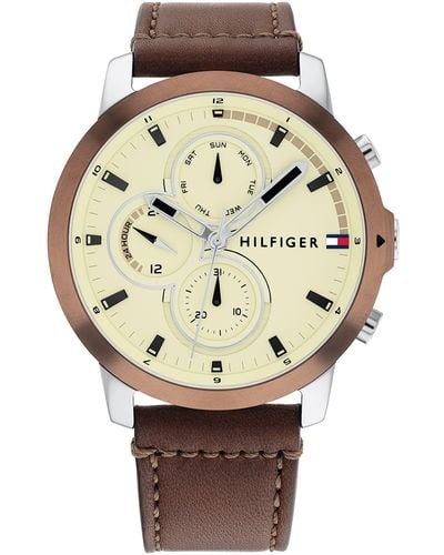 Tommy Hilfiger Multifunction Stainless Steel Case And Leather Strap Watch - Brown
