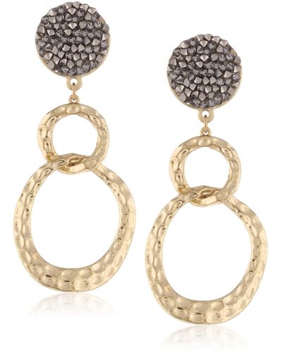 HIKARO 14k Gold Plated Black Crystal Round Shape With Polished Shine Feminine Style Vintage Texture Statement Earrings - Metallic