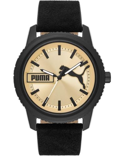 PUMA Ultrafresh Three-hand Black Suede Leather Watch - Metallic