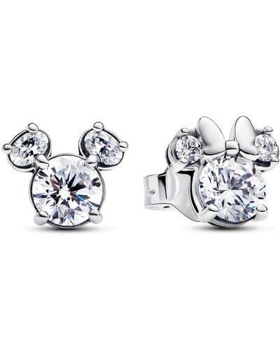 PANDORA Disney Mickey And Minnie Silhouette Sterling Silver Stud Earrings With Clear Cubic Zirconia - Metallic