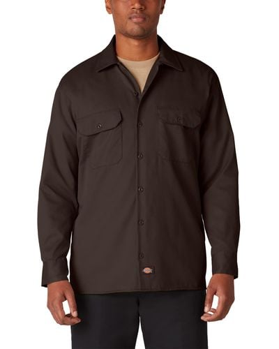 Dickies Mens Long-sleeve Work Utility Button Down Shirts - Brown