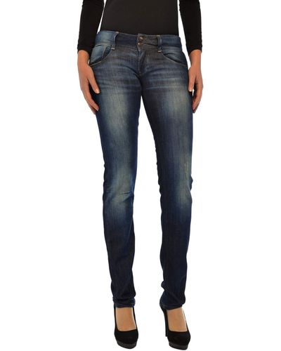 Trussardi T Jeans Met a Vita Bassa Effetto Vintage Logo in Metallo - Blu