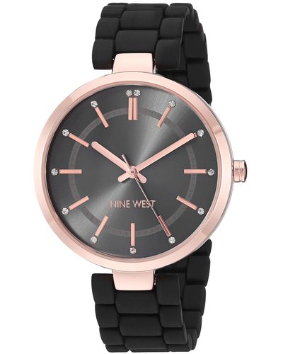 Nine West NW/2302RGBK Crystal Accented Rose Gold-Tone and Black Rubberized Bracelet Watch - Grau