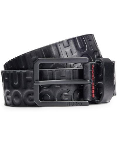 HUGO Leather Belt With Embossed Stacked Logos - Black