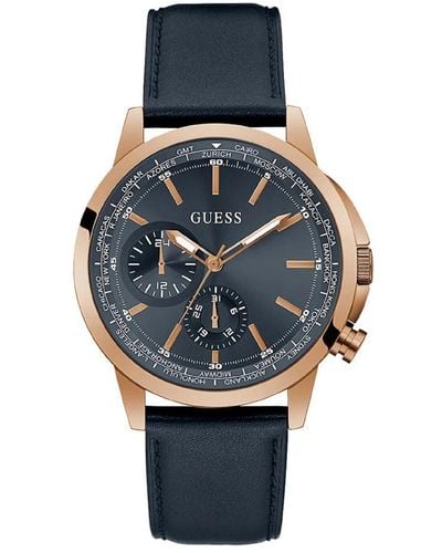 Guess Us Rose Gold-tone And Navy Leather Multifunction Watch - Grey