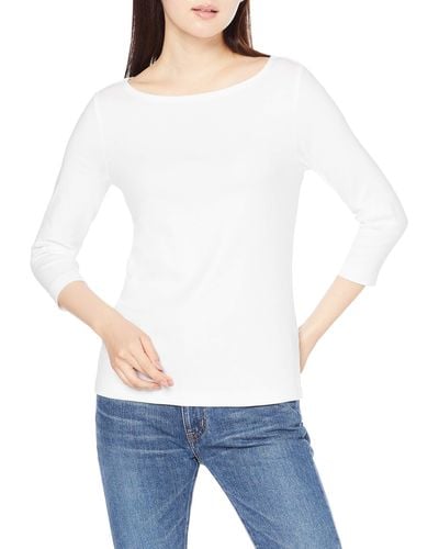 Amazon Essentials Camiseta Lisa y Entallada de ga 3/4 con Escote Barco Mujer - Blanco