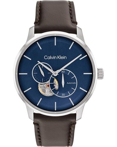 Calvin Klein Montre Automatique pour avec Bracelet en Cuir Marron - 25200075 - Bleu