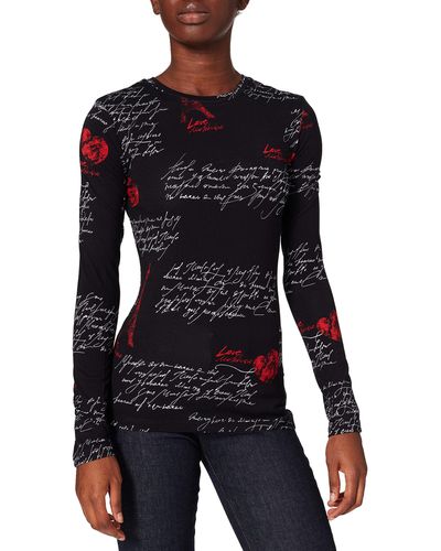 Love Moschino Fitted Long Sleeved t-Shirt in Soft Stretch Viscose Jersey with All-Over Calligraphy Print - Noir