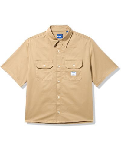 HUGO Front Pocket Cotton Twill Short Sleeve Button Down Shirt - Natural
