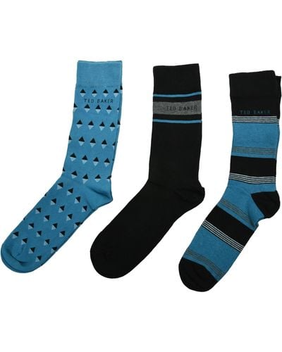Ted Baker London Maxggg 3 Pair Pack Of S Ankle Socks Organic Cotton Black And Turquoise Size 7-11 - Blue