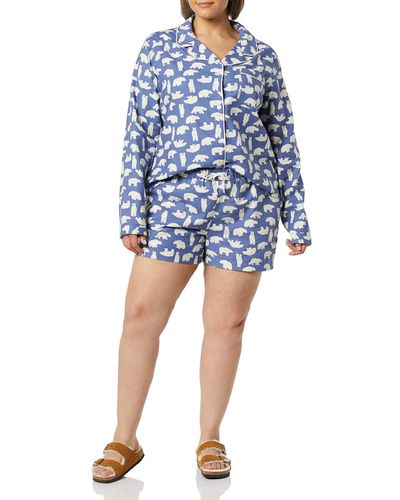 Amazon Essentials Lightweight Woven Flannel Pajama Set With Shorts - Blue