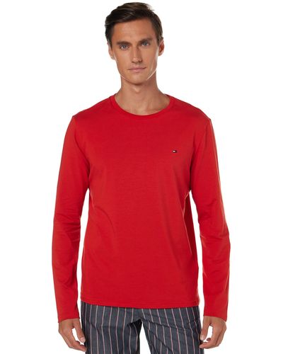 Tommy Hilfiger Schlafanzug CN LS Pant mit gewebtem Set - Rot
