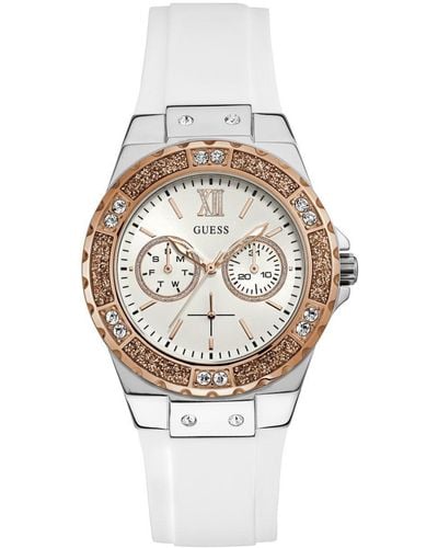 Guess Stainless Steel + Rose Gold-tone White Stain Resistant Silicone Watch With Day + Date Functions. Color: White - Metallic