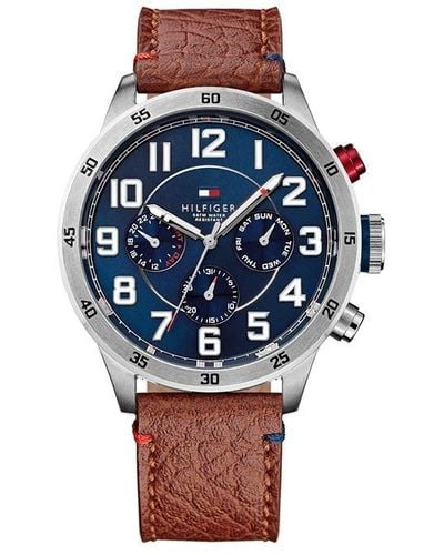 Tommy Hilfiger Montre Analogique Multifunction à Quartz pour avec Bracelet en Cuir Marron - 1791066 - Bleu