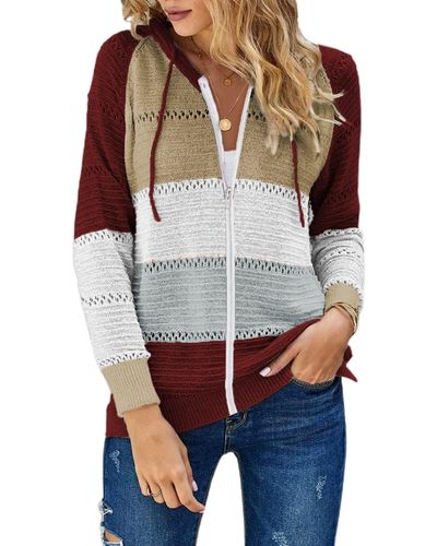 HIKARO Lightweight Design Knitted Jumper For Ladies Hollow Out Hooded Knitwear With Zipper Red Colour Block
