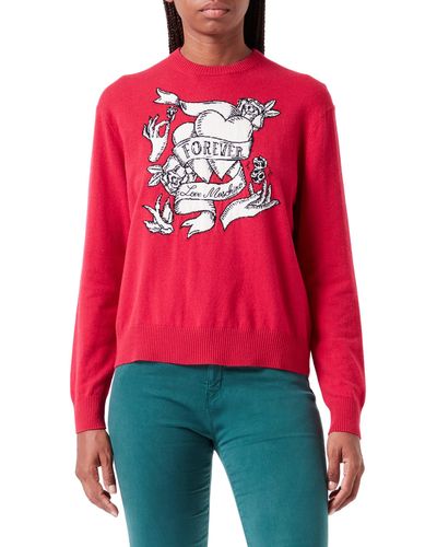 Love Moschino Regular Fit Long-Sleeved Pullover with Tattoo Effect Heart Intarsia Maglione - Rosso