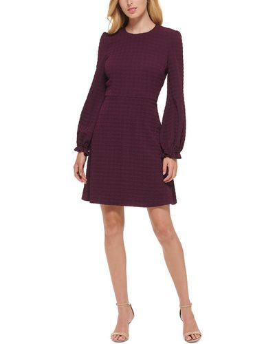 Tommy Hilfiger Embossed Houndstooth Knit Balloon Sleeve Button Closure Dress - Purple