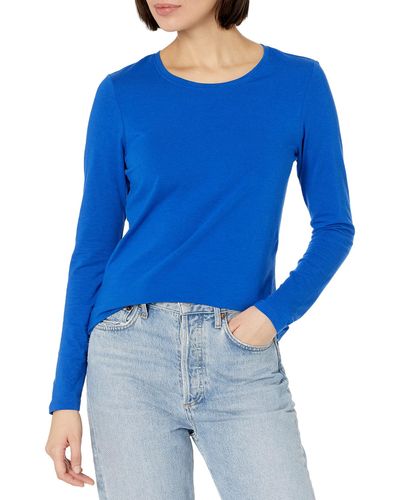 Amazon Essentials T-Shirt Col Rond à ches Longues Coupe Classique - Bleu