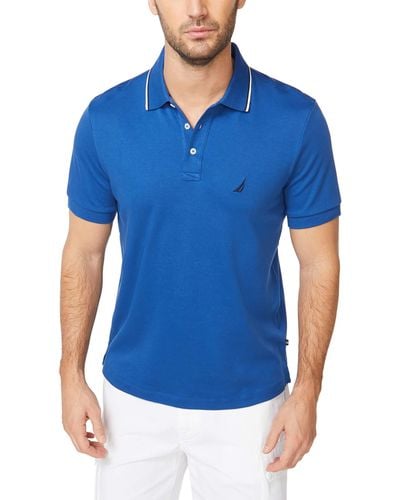 Nautica Mens Classic Fit Short Sleeve Dual Tipped Collar Polo Shirt - Blue