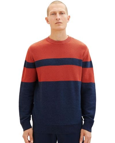 Tom Tailor 1038207 Colourblock Strick-Pullover aus Baumwolle - Rot