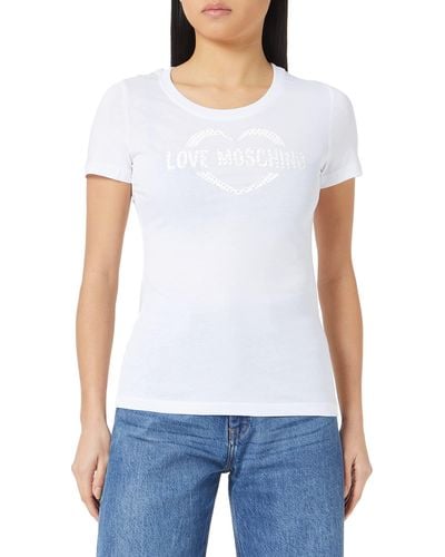 Love Moschino Regular fit Short-Sleeved with Striped Tape Along Shoulders Sleeves and Logo Patch T-Shirt - Weiß