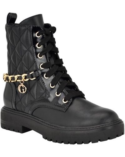 Guess Jellard Lace Up Quilted Round Toe Combat Booties - Black