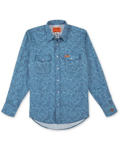 Wrangler Riggs Workwear Flame Resistant Western Long Sleeve Two Pocket Snap Shirt Work Utility Button - Blue