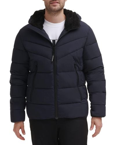 Calvin Klein Winter Coat-puffer Stretch Jacket With Sherpa Hood - Blue