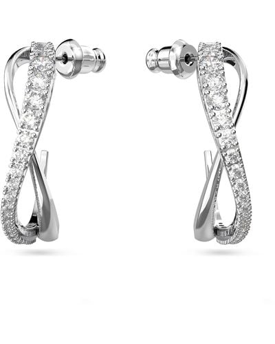 Swarovski Twist Rows Mini Hoop Pierced Earrings With Sparkling Clear Crystal Pavé On A Rhodium Plated Setting With Butterfly Closure - Metallic
