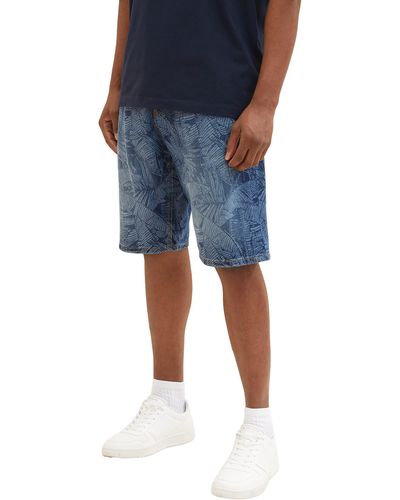 Tom Tailor 1036298 Relaxed Fit Jeans Bermuda Shorts mit Palmen-Print - Blau