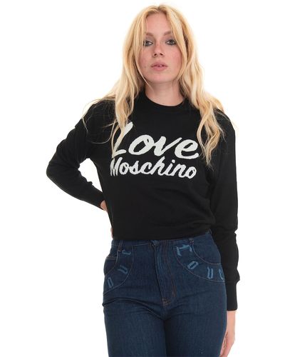 Love Moschino Slim Fit a iche Lunghe con Intarsia. Maglione - Nero