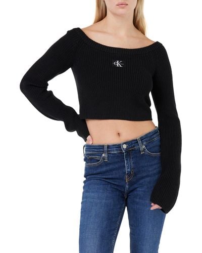 Calvin Klein Pullover Woven Label Off Shoulder Sweater Cropped - Schwarz