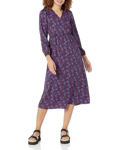 Amazon Essentials Vestido Midi Ligero Georgette de ga Larga con Cuello de Pico - Morado