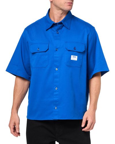 HUGO Front Pocket Cotton Twill Short Sleeve Button Down Shirt - Blue