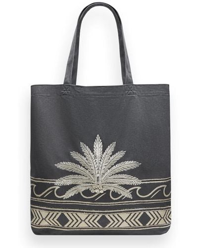Scotch & Soda Canvas Tote Bag with Embroidery Palm Wave Border - Nero
