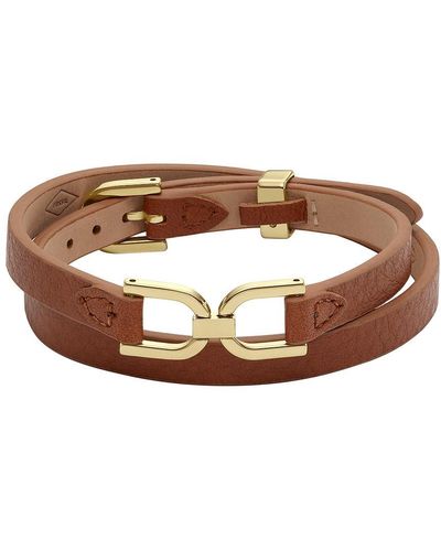 Fossil Stainless Steel & Leather Heritage D-link Brown Double Wrap Bracelet