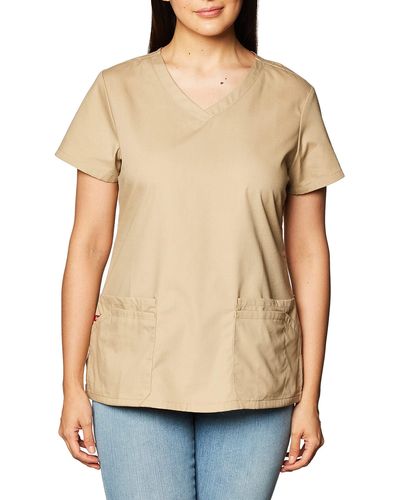 Dickies Womens Signature V-neck Top With Multiple Patch Pockets Medical Scrubs Shirts - Natural
