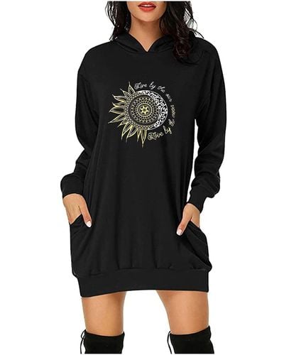 Superdry Lalaluka Dresses Hoodie Dress Short With Hood Long Sleeve Pockets Sun Moon Print Loose Sweatshirt Pullover Dress Long Blouses - Black